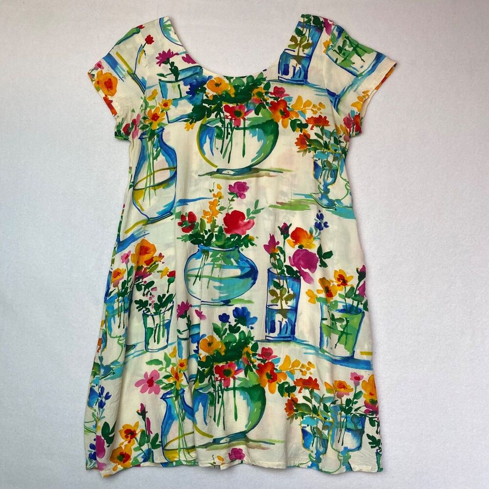 Vintage JAMS World Dress Sz LARGE Crystal Watercolor Floral Vases 90s Rayon